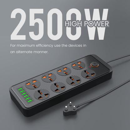 Portronics Power Plate 7 with 6 USB Port + 8 Power Sockets Power Strip Extension Board with 2500W, 3Mtr Cord Length, 2.1A USB Output(Black)