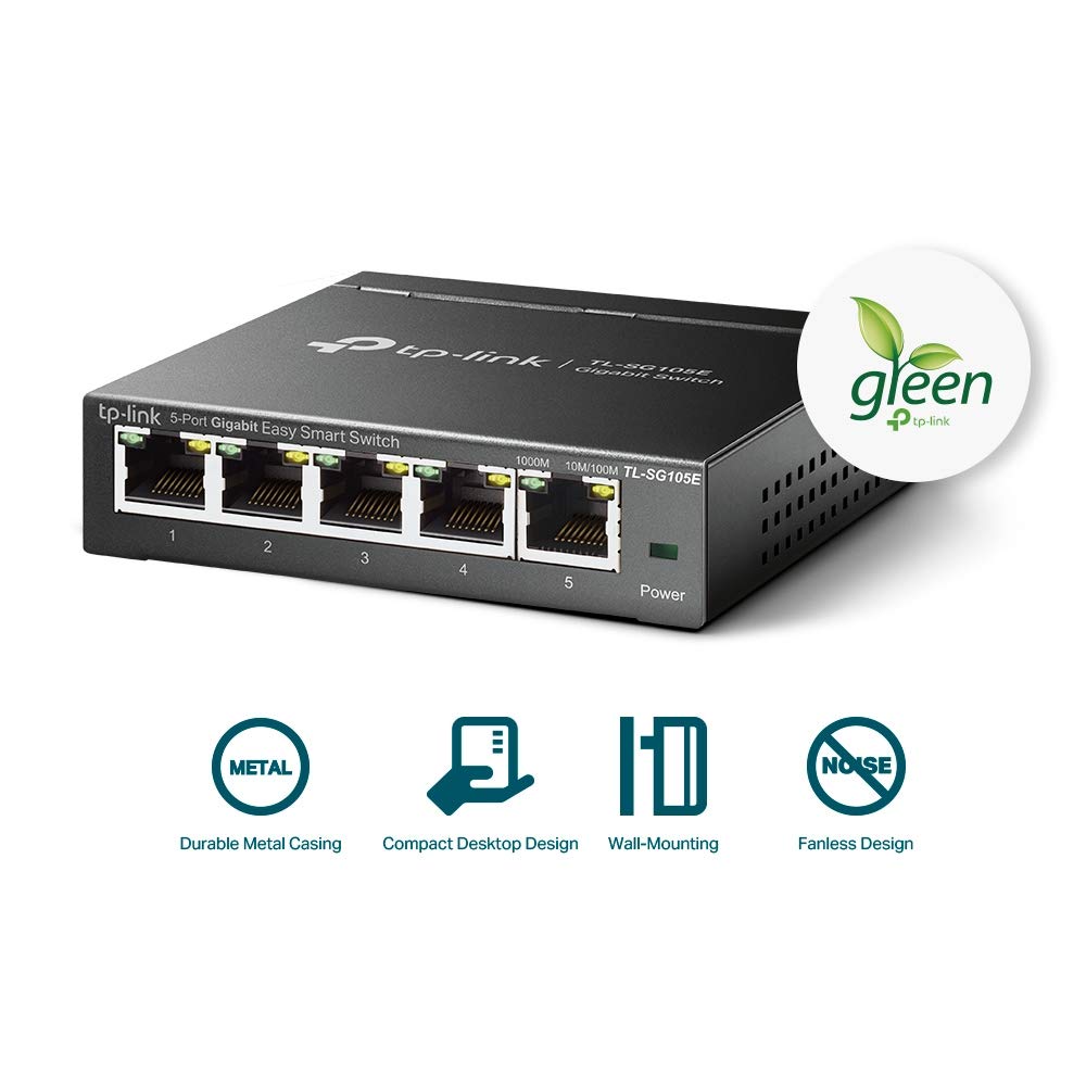 TP-Link 5 Port Gigabit Switch Easy Smart Plug & Play Desktop/Wall-Mount Sturdy Metal w/Shielded Ports Support QoS, Vlan, IGMP and Link Aggregation (TL-SG105E)