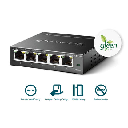 TP-Link 5 Port Gigabit Switch Easy Smart Plug & Play Desktop/Wall-Mount Sturdy Metal w/Shielded Ports Support QoS, Vlan, IGMP and Link Aggregation (TL-SG105E)
