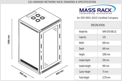 MASS RACK 22U 600X600mm Floor Standing Network Rack with Power Strip 6 Socket, Server Tray(2 Nos.), Cable Organiser 1U Closed, 4 Fans & Hardware Kit-Cage Nut Assembly - Combo Pack