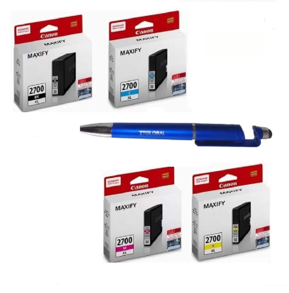 Canon PGI 2700XL B/C/Y/M Ink Cartridge MB5070 MB5170 MB5370 MB5470 iB4070 iB4170 with ITGLOBAL 3in1 Multi-Function Mobile Phone Stand, Stylus, Ballpoint Pen (Very Colors)