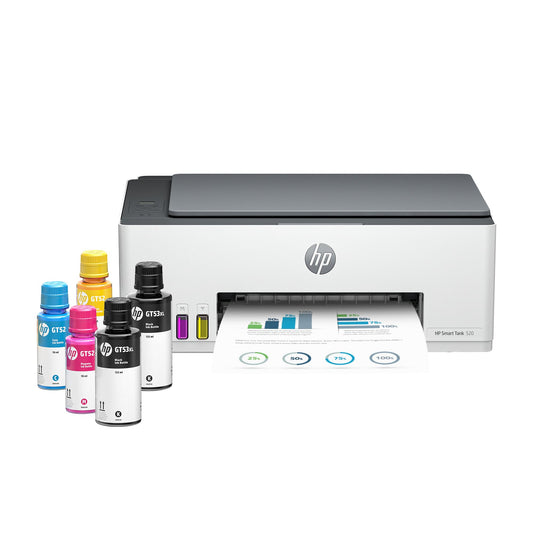 HP Smart Tank 520 All-in-one Colour Printer with 1 Extra Black Ink Bottle (Upto 12000 Black and 6000 Colour Prints) and 1 Year Extended Warranty with PHA Coverage.Print, Scan & Copy for Office/Home