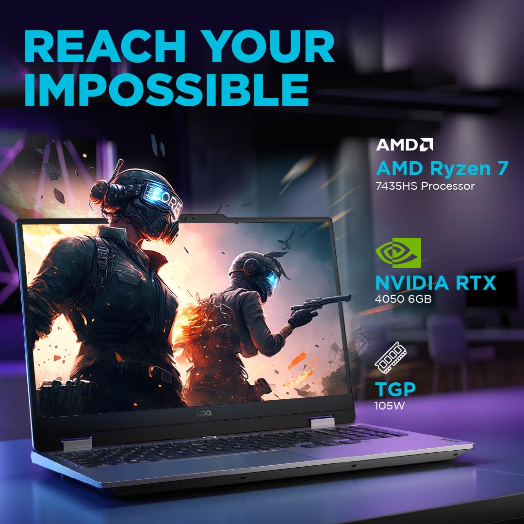Lenovo Smartchoice LOQ AMD Ryzen 7 7435HS, NVIDIA RTX 4050-6GB, 24GB RAM, 512GB SSD, 15.6"/39.6cm, Windows 11, MS Office Home 2024, Grey, 2.4Kg, 83JC00EGIN, 100% sRGB, 3 Mon. Game Pass Gaming Laptop