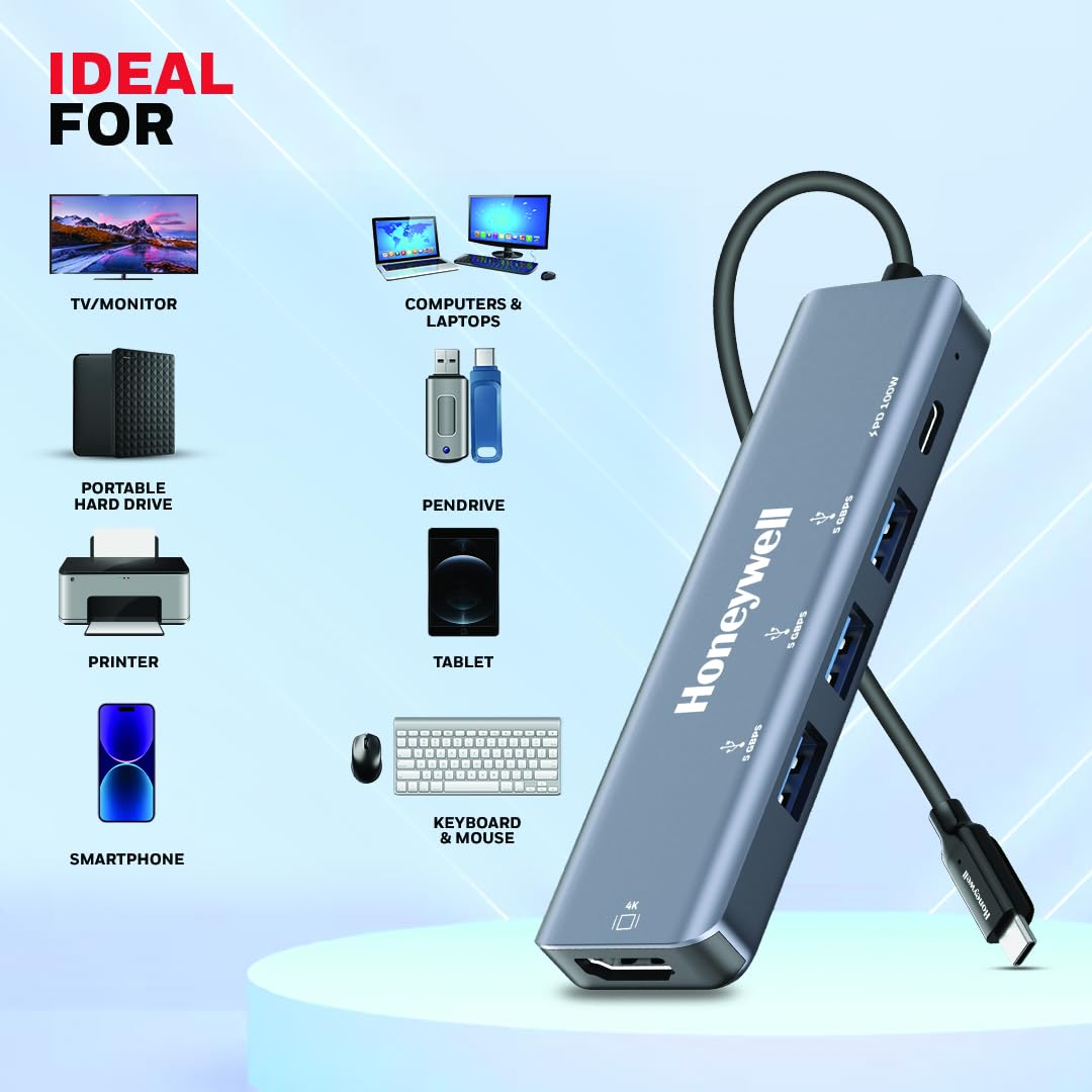 Honeywell New Launch 5-in-1 Type C Docking Station with 4K HDMI Port, 3xUSB 3.0 Port & Type C 3.0 PD 100W, for All Type C Devices- Windows/MacBook, On-The-Go Feature