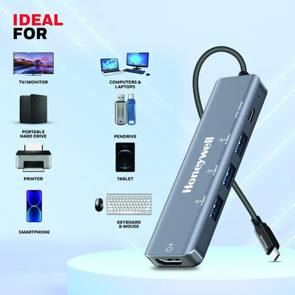 Honeywell New Launch 5-in-1 Type C Docking Station with 4K HDMI Port, 3xUSB 3.0 Port & Type C 3.0 PD 100W, for All Type C Devices- Windows/MacBook, On-The-Go Feature