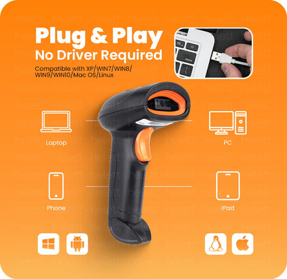 Helett® HT20 Wireless 2.4GHz 2D & 1D Barcode Scanner (QR Code & Barcode) Wired & Wireless(Rechargeable) Connectivity | Induction Scanning with Built-in Illumination Light |Strong ABS(1-Year Warranty)