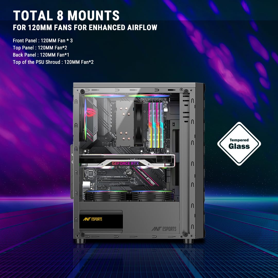 Ant Esports Elite 1120 Mid-Tower Computer Case/Gaming Cabinet - Black | Support ATX, M-ATX, ITX | Pre- Installed 3 x 120mm Front and 1 x 120mm Rear Rainbow Fans