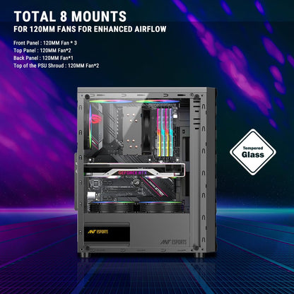 Ant Esports Elite 1120 Mid-Tower Computer Case/Gaming Cabinet - Black | Support ATX, M-ATX, ITX | Pre- Installed 3 x 120mm Front and 1 x 120mm Rear Rainbow Fans