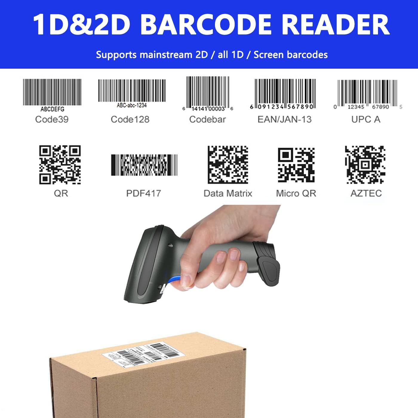 LENVII CW200 Wireless Barcode Scanner 2D Handheld Bar Code Reader QR Code Scanner USB Bar Code Scanners 2 in 1 with Charging Base use for Shop,Supermarket, Warehouse
