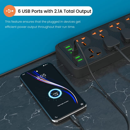 Portronics Power Plate 7 with 6 USB Port + 8 Power Sockets Power Strip Extension Board with 2500W, 3Mtr Cord Length, 2.1A USB Output(Black)