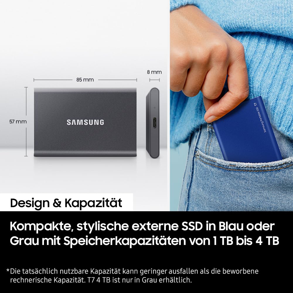 Samsung T7 1TB Up to 1,050MB/s USB 3.2 Gen 2 (10Gbps, Type-C) External Solid State Drive (Portable SSD) Grey(MU-PC1T0T)