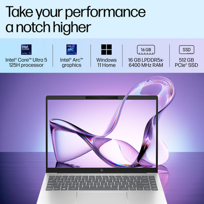 HP Pavilion Plus, Enhanced by AI, Intel Core Ultra 5 125H, 14-inch, WQXGA, 16GB LPDDR5x, 512GB SSD, Intel Arc Graphics, 5MP IR Camera/w Privacy Shutter, Backlit KB (Win 11, Silver, 1.44 kg) ew1074TU