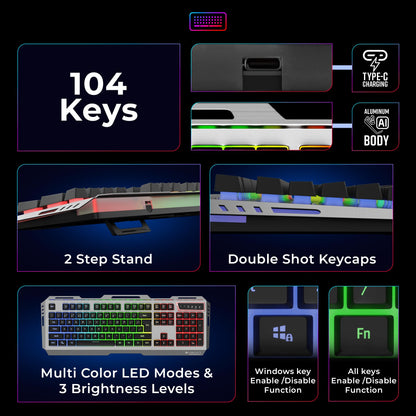 ZEBRONICS Transformer PRO Gaming Wireless Keyboard & Mouse Combo with 2.4GHz, Aluminum Body, Built in Battery, Multicolor LED Modes, Type C, Double Shot Keycaps, up to 4000 DPI