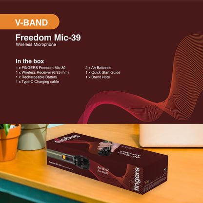 FINGERS Freedom Mic-39 Wireless Microphone (6.35 mm pin Receiver with Type-C Charging Port, Uni-Directional V-Band @ VHF 269.1 MHz, 10-Hour Battery Life, 25 m Working Distance)