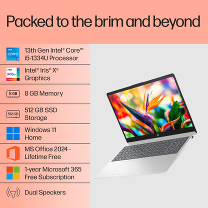 HP 15, 13th Gen Intel Core i5-1334U Laptop,(8GB DDR4, 512GB SSD),Antiglare,15.6''(39.6cm), FHD, Win 11, M365 Basic(1yr), Office Home 24,Silver, 1.59kg, Iris Xe, FHD Camera w/Privacy Shutter, fd0466tu