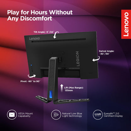 Lenovo Legion R27q-30 | 27 Inch (68.58cm) 165Hz 2K QHD Gaming Monitor | 0.5ms, AMD FreeSync, 99%sRGB, 90% DCI-P3, 3Wx2 Speaker, 2xHDMI, 1xDP|Tilt, Swivel, Pivot, Height Adjust Stand, Black, 67B4GAC1IN