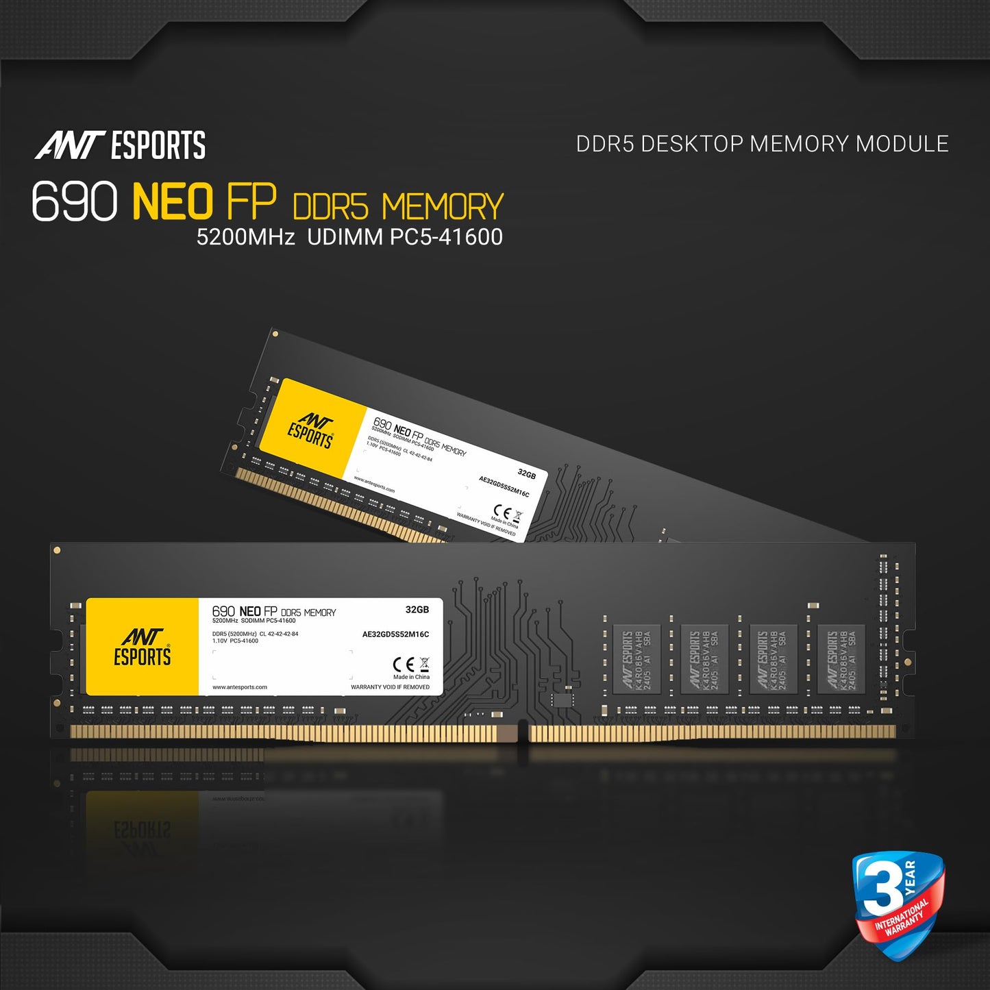 Ant Esports 690 NEO VS 8GB (1 * 8GB) DDR3 1600 MHz CL 11-11-11-28 U-DIMM Desktop Memory - AE8GD3U16M16C