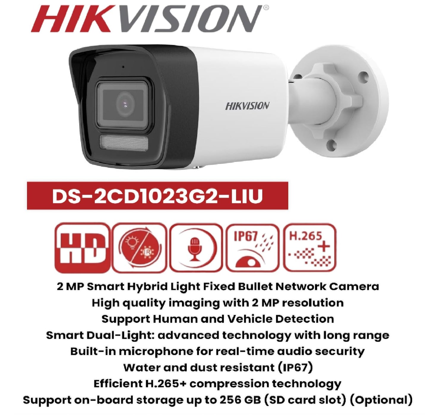 HIKVISION 2 MP Wireless 1080P Smart Hybrid Light Outdoor Bullet Network IP CCTV Camera Built-in Mic with Day/Night Color Vision, Motion Detection [DS-2CD1023G2-LIU] + USEWELL RJ45, White