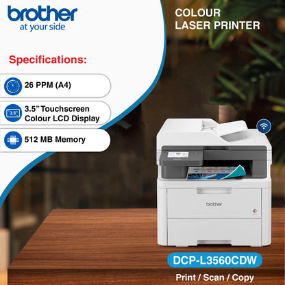 Brother DCP-L3560CDW (New Launch) Auto Duplex Color Laser LED Printer, ADF, Multifunction Print Scan Copy, 3.5 Inch TFT LCD Display, (Gigabit Ethernet WiFi Dual Band WiFi Direct), Free Installation