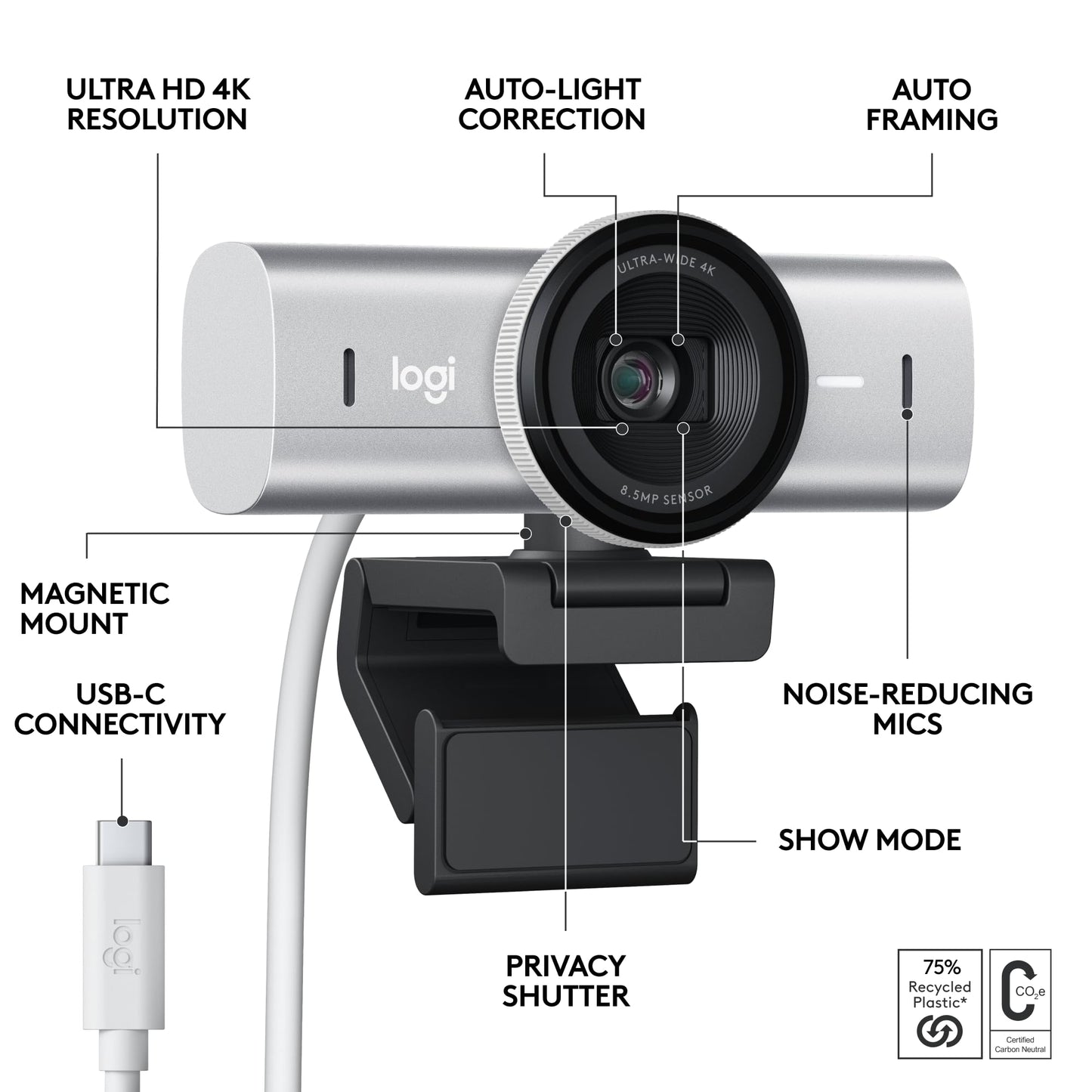 Logitech MX Brio Ultra HD 4K Collaboration and Streaming Webcam with Free Adobe Subscription, 1080p at 60 FPS, Dual Noise Reducing Mics, Show Mode, USB-C, Webcam Cover