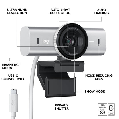 Logitech MX Brio Ultra HD 4K Collaboration and Streaming Webcam with Free Adobe Subscription, 1080p at 60 FPS, Dual Noise Reducing Mics, Show Mode, USB-C, Webcam Cover
