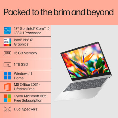 HP 15, 13th Gen Intel Core i5-1334U Laptop (16GB DDR4,1TB SSD) Anti-Glare, Micro-Edge,15.6''/39.6cm, FHD, Win11, M365 Basic(1yr),Office Home24, Silver,1.59kg, Iris Xe, FHD Camera w/Shutter, FD0552TU