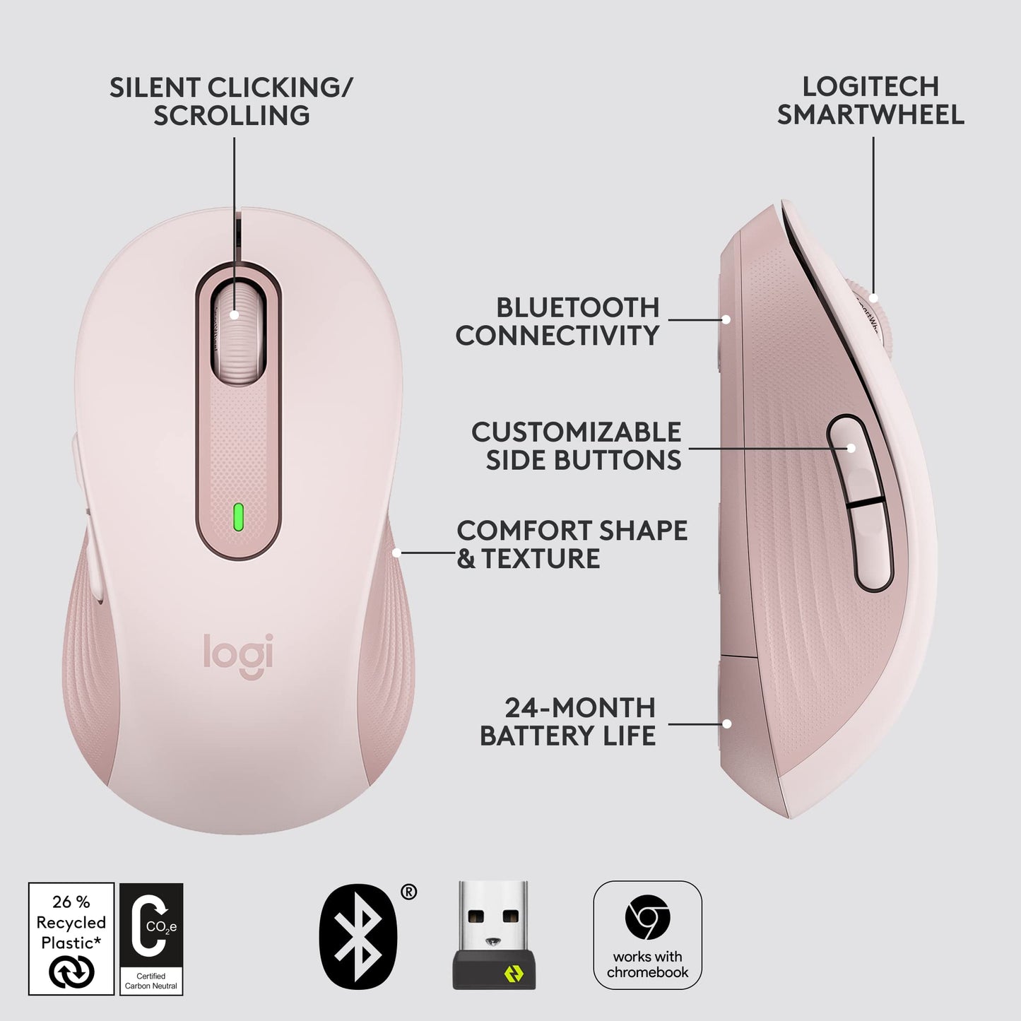 Logitech Signature M650 Wireless Mouse - for Small to Medium Sized Hands, 2-Year Battery, Silent Clicks, Customisable Side Buttons, Bluetooth, for PC/Mac/Multi-Device/Chromebook - Rose