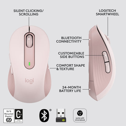 Logitech Signature M650 Wireless Mouse - for Small to Medium Sized Hands, 2-Year Battery, Silent Clicks, Customisable Side Buttons, Bluetooth, for PC/Mac/Multi-Device/Chromebook - Rose