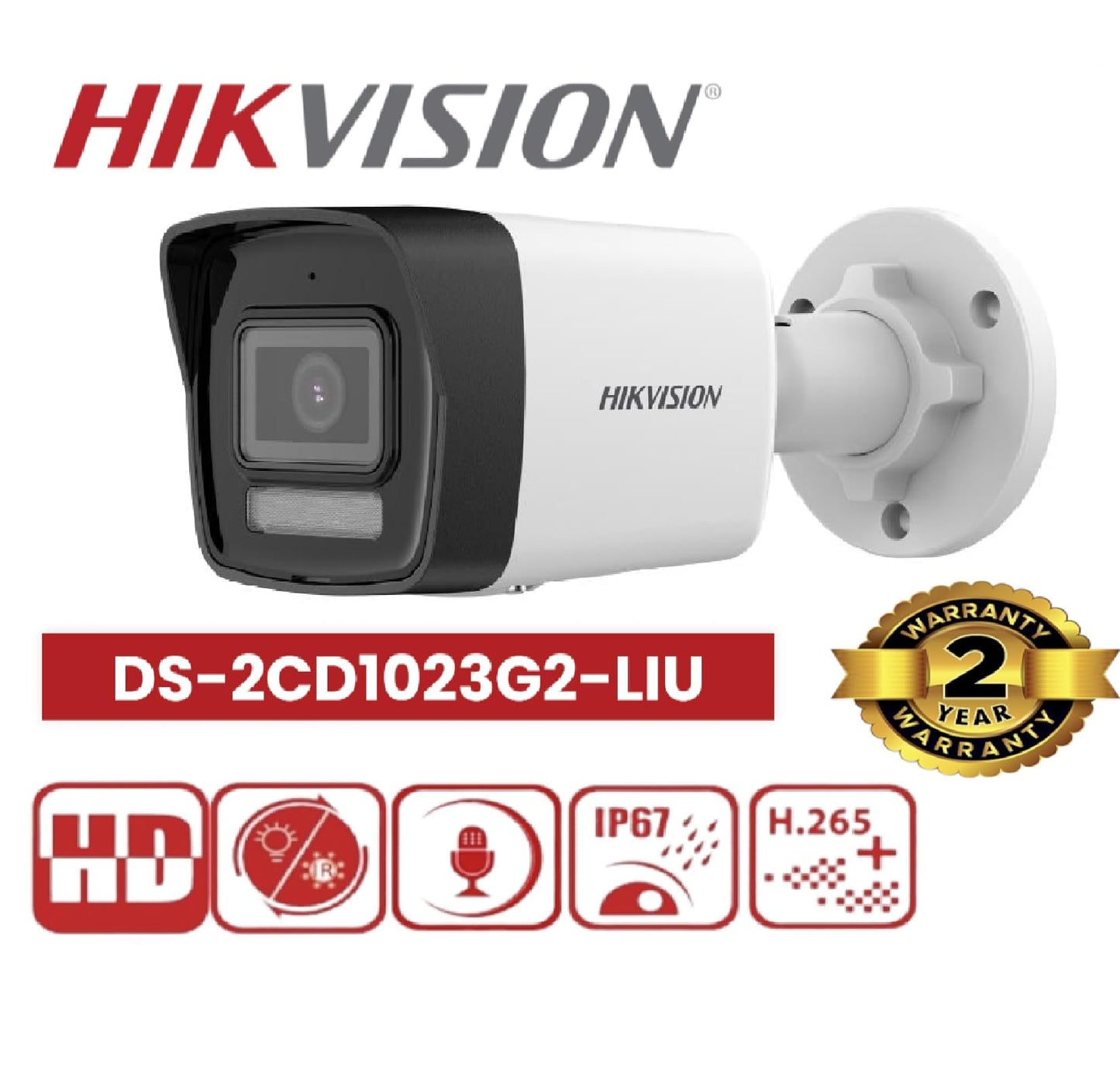 HIKVISION 2 MP Wireless 1080P Smart Hybrid Light Outdoor Bullet Network IP CCTV Camera Built-in Mic with Day/Night Color Vision, Motion Detection [DS-2CD1023G2-LIU] + USEWELL RJ45, White