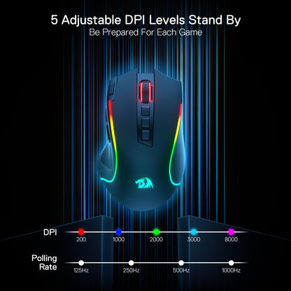Redragon M612 PRO RGB Gaming Mouse, 8000 DPI Wired/Wireless Optical Gamer Mouse with 9 Programmable Buttons & 7 Backlit Modes, BT & 2.4G Wireless, Software Supports DIY Keybinds Rapid Fire Button
