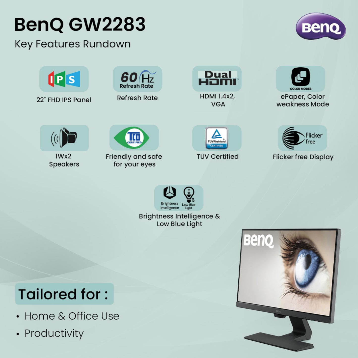 BenQ GW2283 22" (55 cm) 1920x1080p 60Hz IPS Full HD|Dual HDMI| Eye-Care| Low Blue Light| Bezel-Less Monitor|Anti-Glare|1WX2 Speakers| Brightness Intelligence| VESA Wall Mountable (Black)