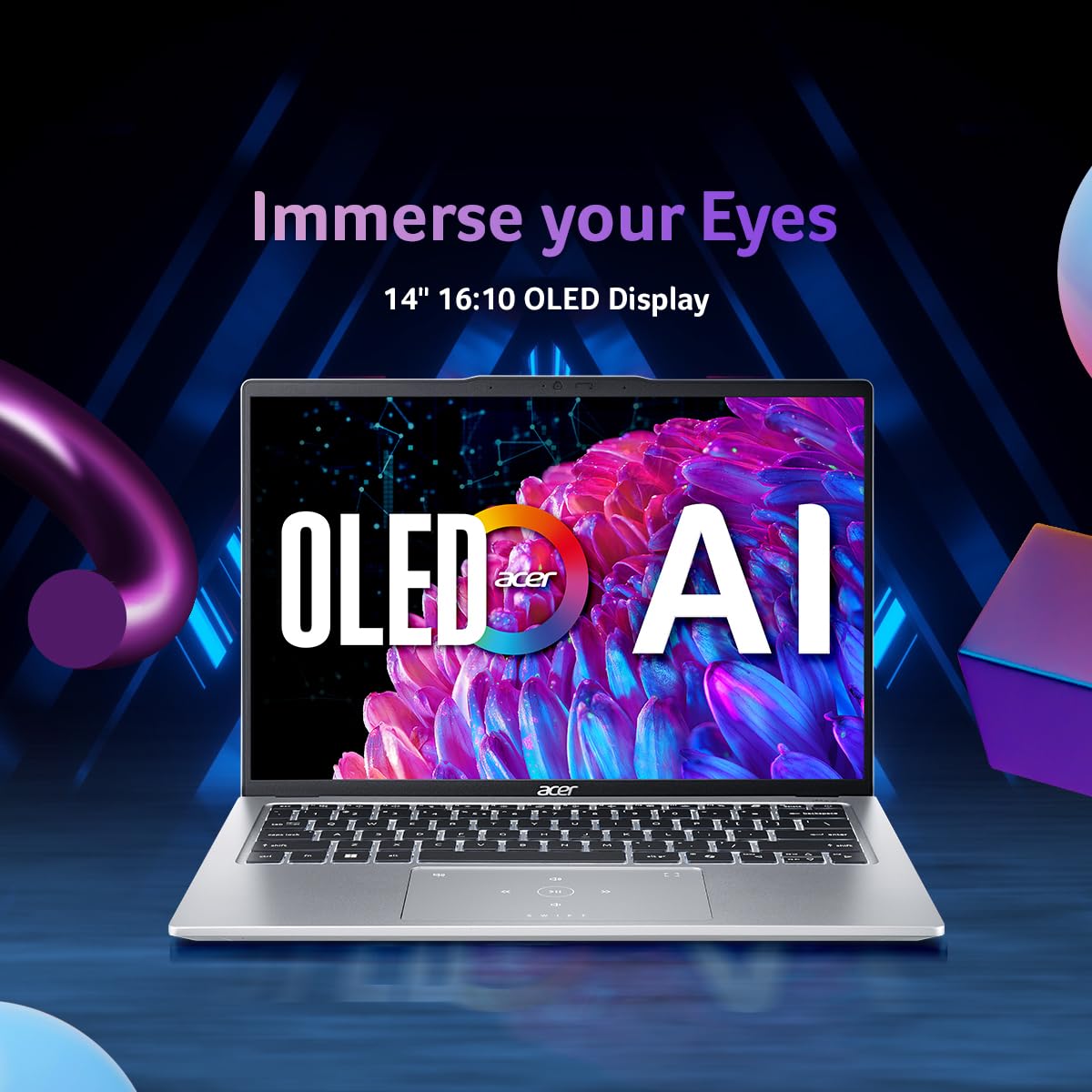 Acer Swift Go 14, Intel Core Ultra 7-155H, 16GB RAM, 1TB SSD, OLED WQXGA+ 14"/35.56cm, Windows 11, MS Office, Pure Silver, 1.3Kg, SFG14-73, Intel Arc Graphics, 1440p Camera AI Powered Laptop