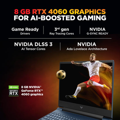 HP Victus, AMD Ryzen 9-8945HS, 8GB NVIDIA GeForce RTX 4060 AI Gaming Laptop (16GB RAM, 1TB SSD), 144Hz, IPS, 15.6"/39.6cm, FHD, Win 11, MS Office 2024, Blue, 2.29Kg, Backlit KB, fb3025AX