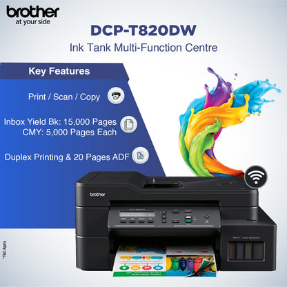 Brother Ink Tank DCP-T820DW WIFI Auto Duplex Color Multifunction Printer (Print Scan Copy), ADF, LCD, LAN, Print Up to 7.5K Pages Black & 5K in Color Each for (CMY), Extra Black Ink, Free Installation