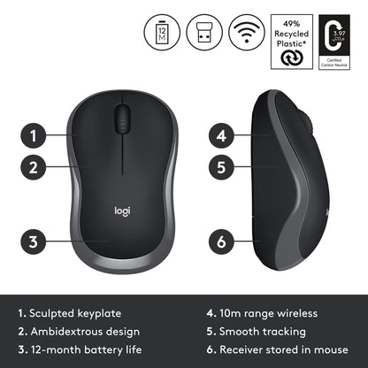 Logitech M186 Wireless Mouse, 2.4GHz with USB Mini Receiver, 12-Month Battery Life, 1000 DPI Optical Tracking, Ambidextrous, Compatible with PC, Mac, Laptop