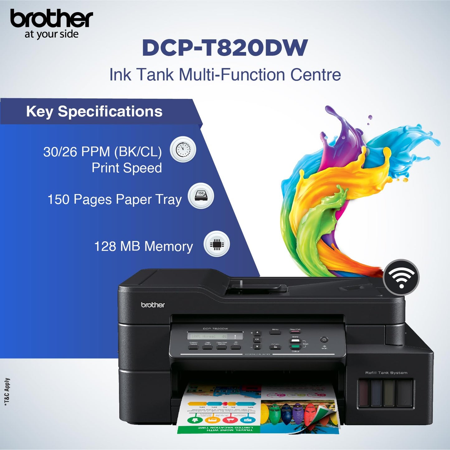 Brother Ink Tank DCP-T820DW WIFI Auto Duplex Color Multifunction Printer (Print Scan Copy), ADF, LCD, LAN, Print Up to 7.5K Pages Black & 5K in Color Each for (CMY), Extra Black Ink, Free Installation