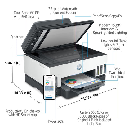 HP Smart Tank 790 All-in-One Auto Duplex WiFi Colour Printer with ADF and FAX, Print, Scan & Cope for Office, Multicolor