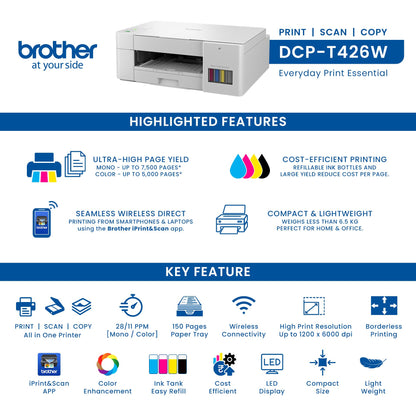 Brother Ink Tank DCP-T426W Multifunction (Print Scan Copy) Color Printer Best for Home, 150 Sheet Paper Tray, WiFi, Print Up to 7.5 K Pages in Black and 5 K in Color Each for (CMY), Free Installation