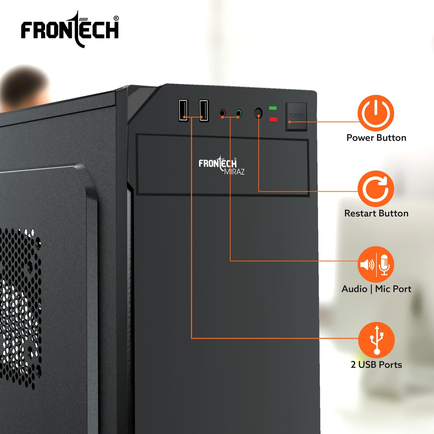 FRONTECH FLINT Silver Series Cabinet/Computer Case with HD Audio | ATX/Mini ATX Compatible | 2 Front USB - 2.0 | Ideal for Home/Office/Gaming (FT-4277, Black)