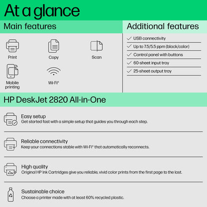 HP Deskjet 2820 WiFi Colour Printer - Print/Scan/Copy Ideal for Home