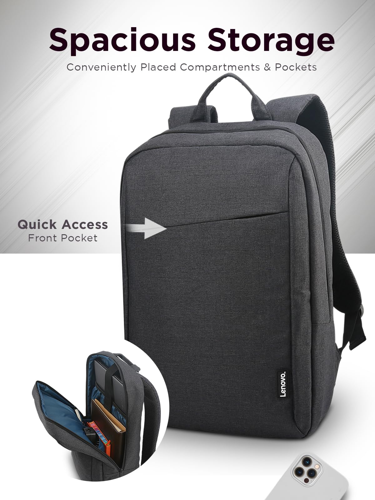 Lenovo 15.6" Casual Backpack B210, Durable and Water- Repellent Fabric, School & Office Use, Padded Laptop Compartment, Adjustable Shoulder Straps,1 Year Warranty, Black
