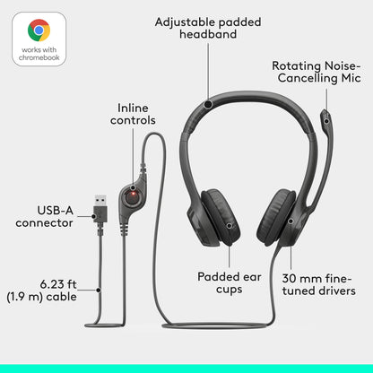 Logitech H390 Wired On Ear Headset for PC/Laptop, Stereo Headphones with Noise Cancelling Microphone, USB-A, In-Line Controls, Works with Chromebook
