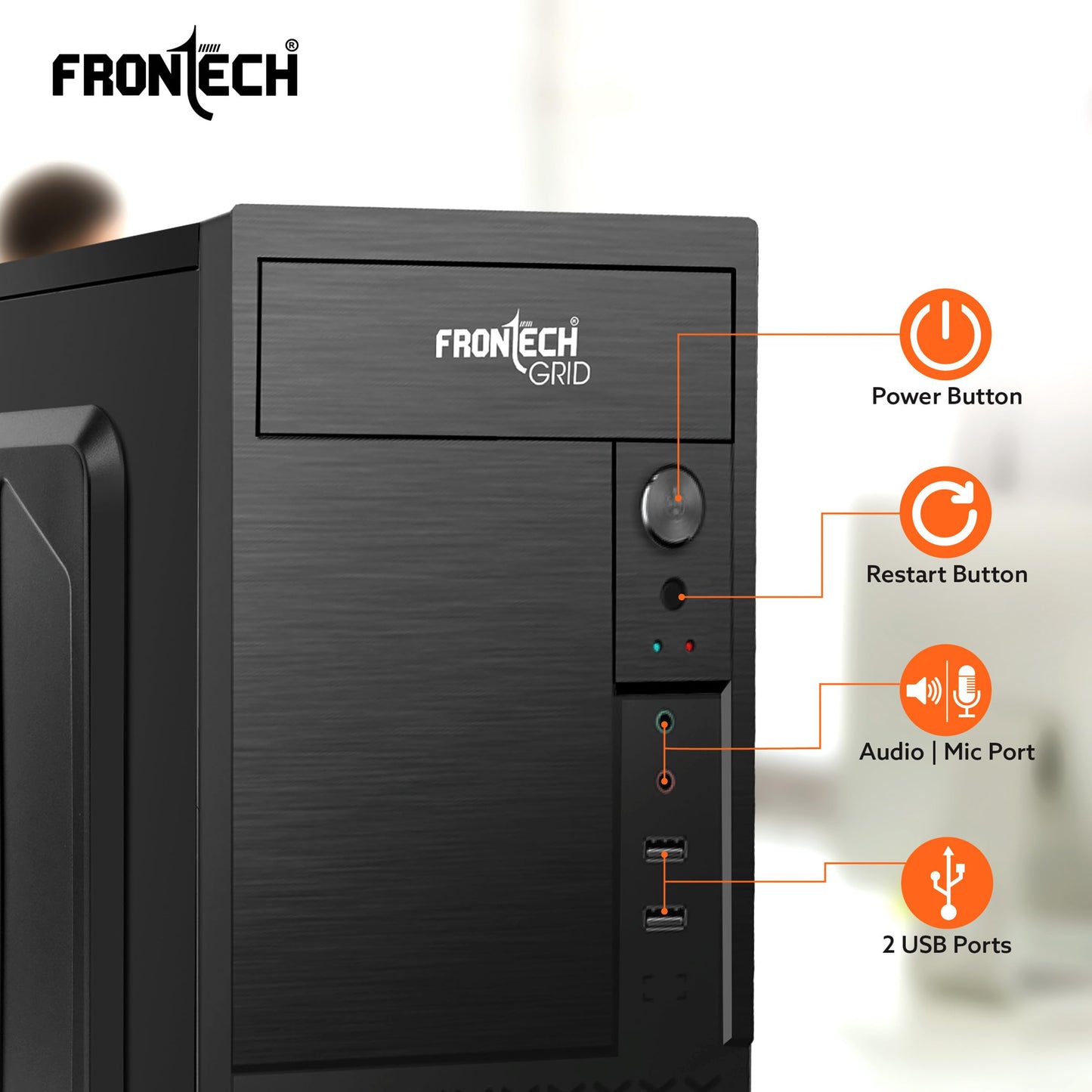 FRONTECH FLINT Silver Series Cabinet/Computer Case with HD Audio | ATX/Mini ATX Compatible | 2 Front USB - 2.0 | Ideal for Home/Office/Gaming (FT-4277, Black)