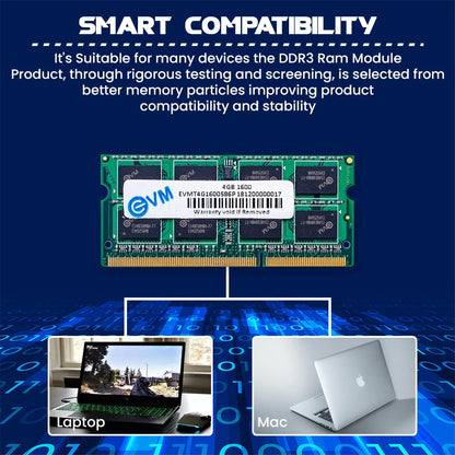 EVM 4GB DDR3 Laptop RAM 1600MHz So-DIMM Memory - High-Speed Performance, Low Voltage Requirement - 10 Year Warranty (EVMT4G1600S86P)