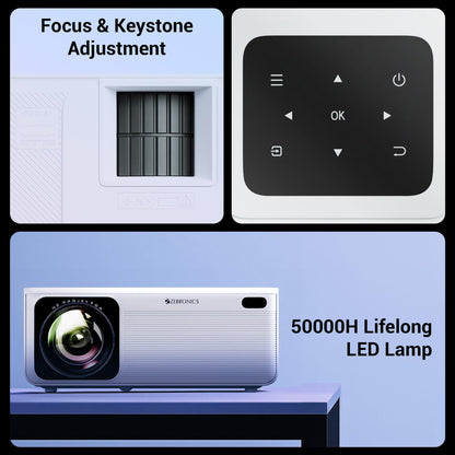 ZEBRONICS PIXAPLAY 55, Smart Projector, 8000 Lumens, 4K Support, 150 Inch Screen Size, Quad Core Processor, Bluetooth, HDMI, USB, WiFi, mSD, AUX, 1080p Native, APP Support, Miracast