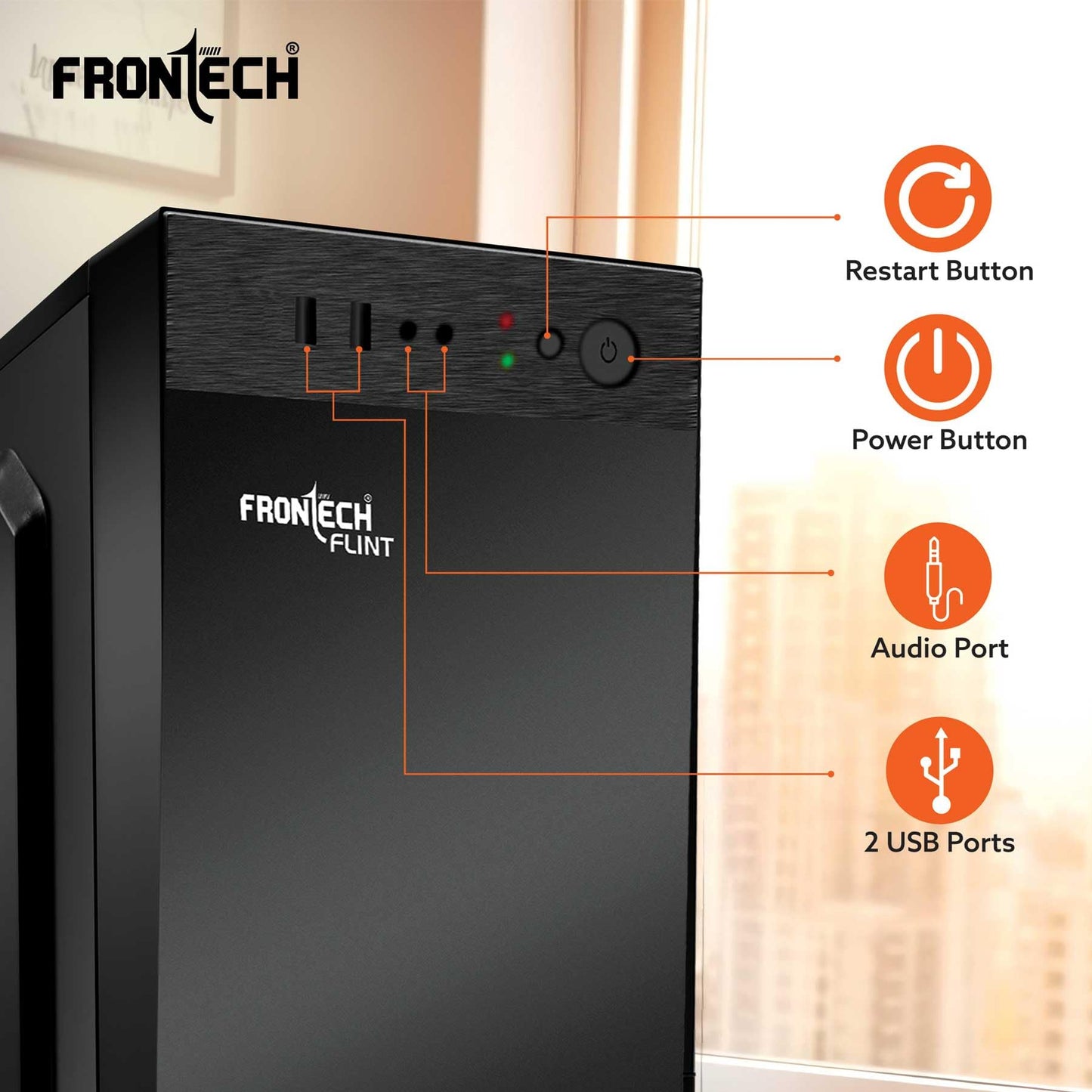 FRONTECH FLINT Silver Series Cabinet/Computer Case with HD Audio | ATX/Mini ATX Compatible | 2 Front USB - 2.0 | Ideal for Home/Office/Gaming (FT-4277, Black)