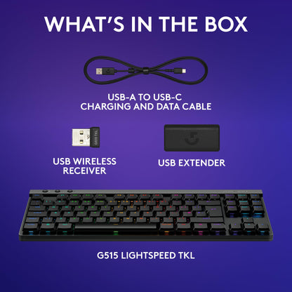Logitech G515 Lightspeed TKL Low Profile Wireless Gaming Keyboard, LIGHTSYNC RGB, Thin Tenkeyless Design, PBT Keycaps, Linear (Red) Mechanical Switches - Black