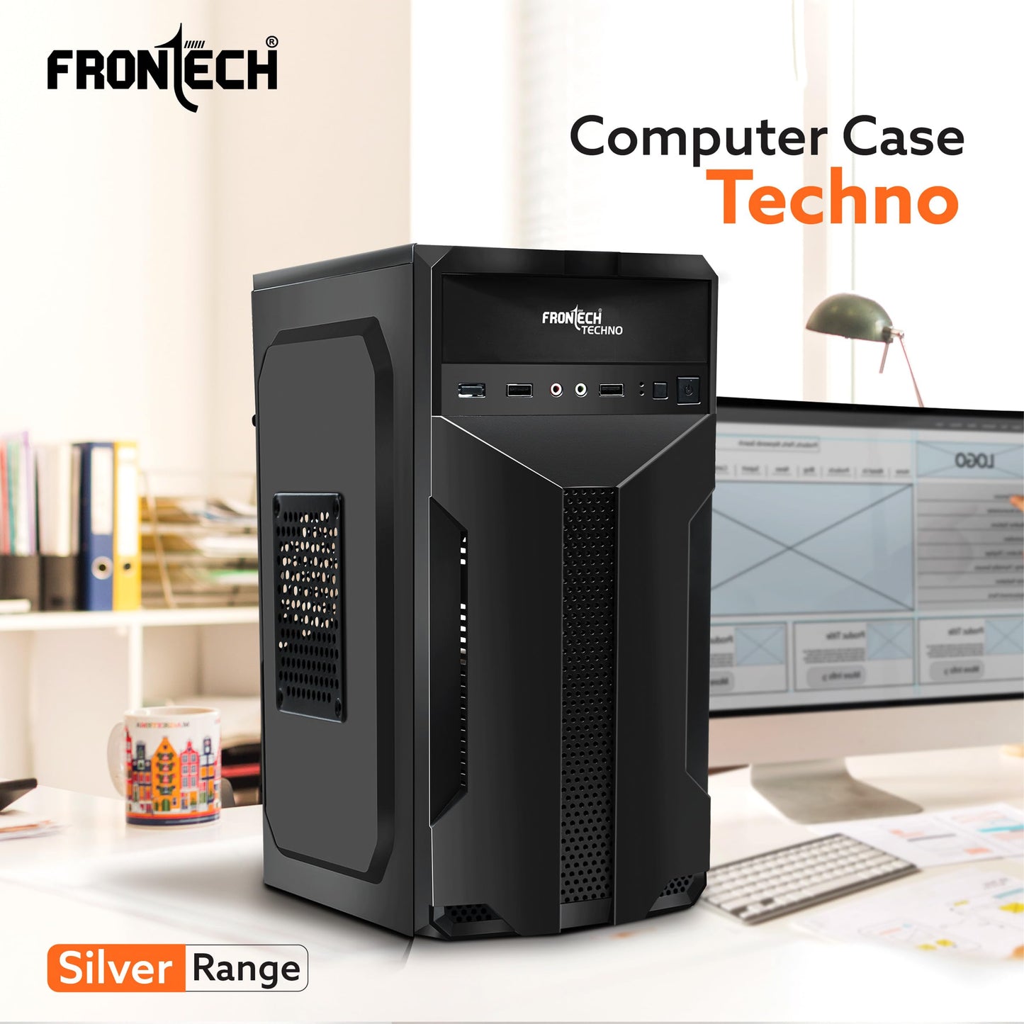 FRONTECH FLINT Silver Series Cabinet/Computer Case with HD Audio | ATX/Mini ATX Compatible | 2 Front USB - 2.0 | Ideal for Home/Office/Gaming (FT-4277, Black)