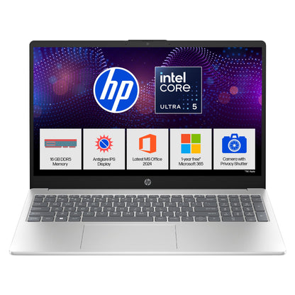 HP 15, Intel Core Ultra 5 125H Laptop (16GB DDR5,1TB SSD) IPS, Anti-Glare, Micro-Edge, 15.6''/39.6cm, FHD, Win11,M365 Basic(1yr),Office Home24,Silver,1.65kg, FHD Camera w/Shutter, Backlit, fd1255TU