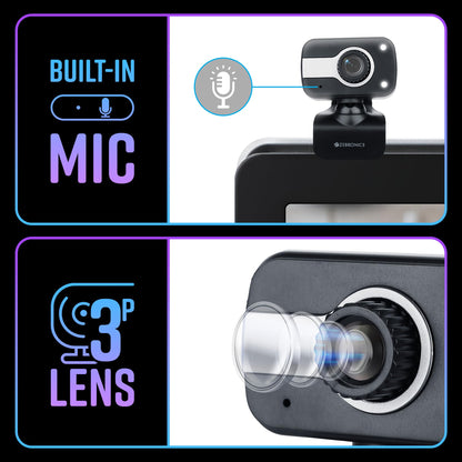 Zebronics Zeb-Crystal Clear Web Camera with 3P Lens,Built-in Microphone,Auto White Balance,Night Vision and Manual Switch for LED (Black)